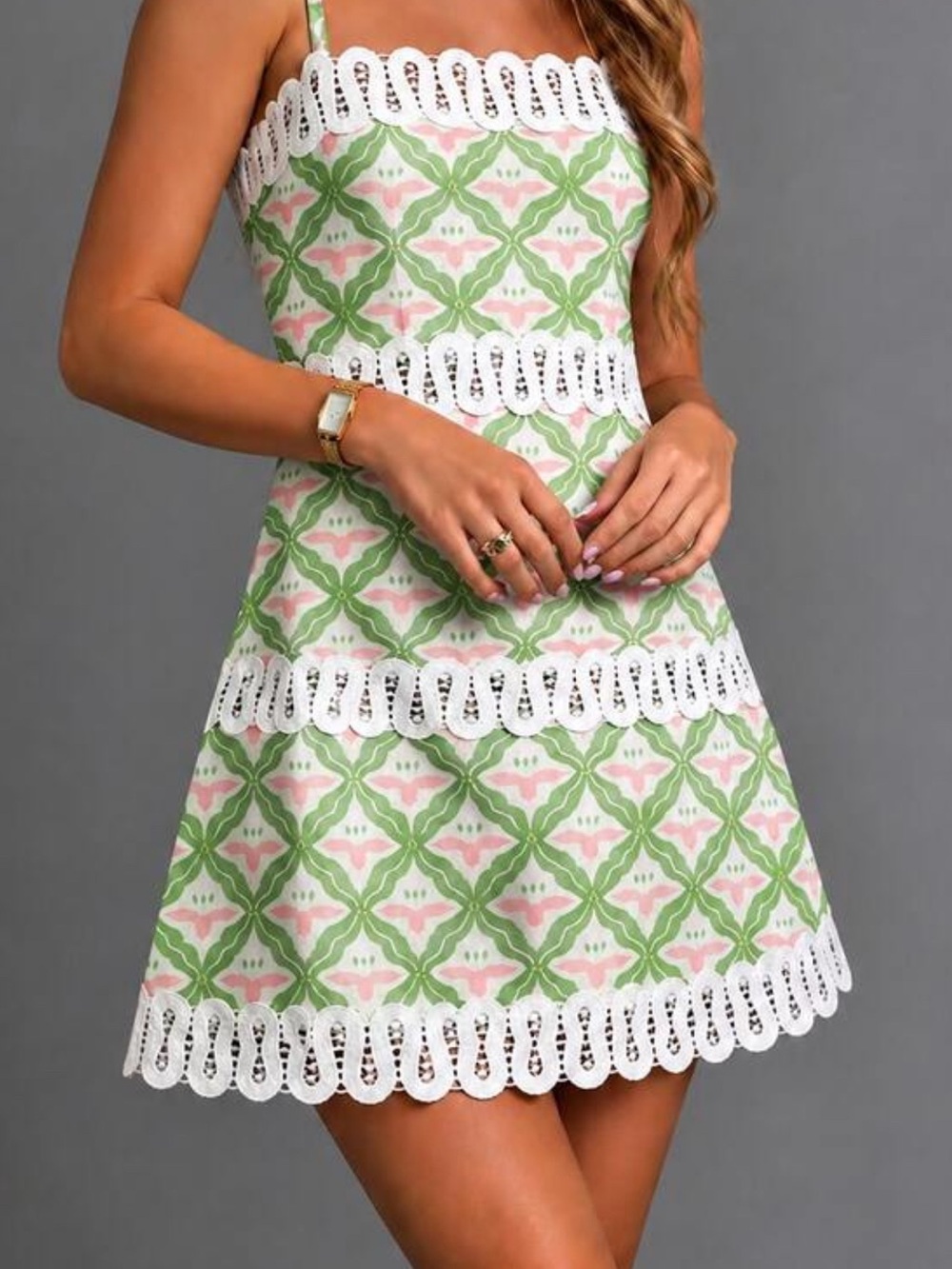Green & Pink Lace-Trim Mini Dress with Eyelet Detail